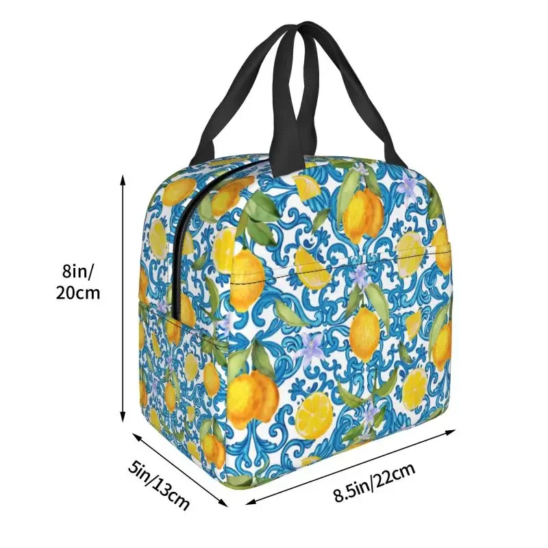 Sac à lunch isotherme pour l'école, fruits d'été, citrons, carreaux méditerranéens, glacière thermique, fourre-tout de pique-nique réutilisable