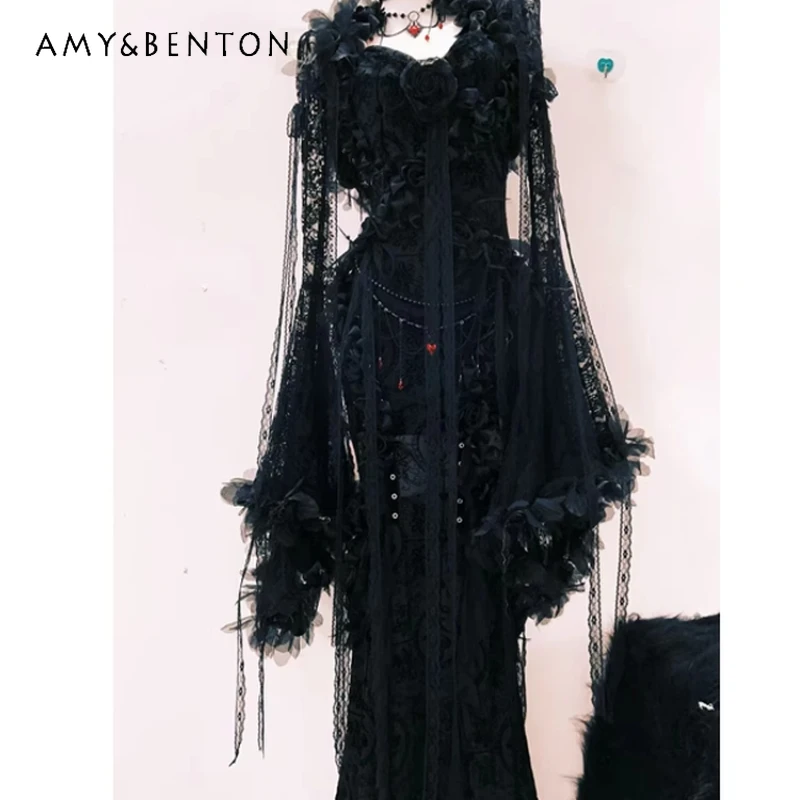 

Original Design Gothic Dark Women's Dress Spring Summer Retro Lace Hollow Out Bead Chain Classical Dresses Three-piece Ladies