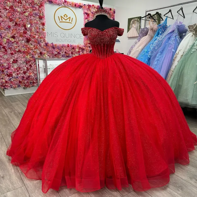 Personalizado vermelho brilhante princesa fora do ombro vestidos quinceanera vestido de baile miçangas cristal espartilho doce 16 vestido 15 de anos