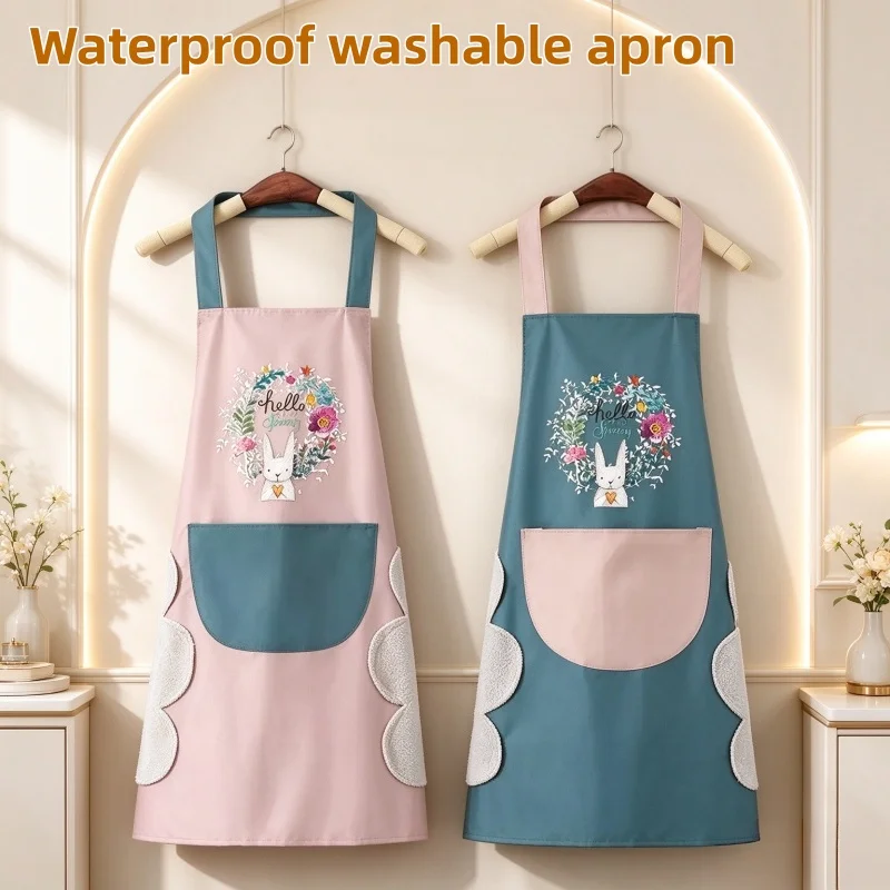Waterproof Oil Proof Kitchen Apron for Women, Cute  Print Apron with Wipe Hands Cloth & Big Pocket, Adjustable Back Tie Cooking
