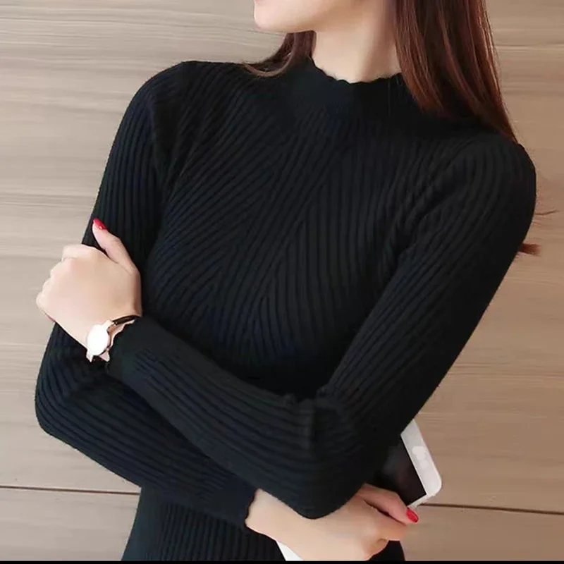 Women Fall Warm Sweater Mock Neck Ruffles Long Sleeve Knit Simple Pullovers Slim Solid Rib Casual Sweater Winter Base Shirt TRAF