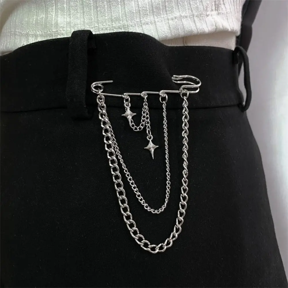 

Y2K Punk Star Cross Chain Brooch Multi-layer Metal Chain Cardigan Clip Tassel Pendant Waist Chain Sweater Collar Clip Women