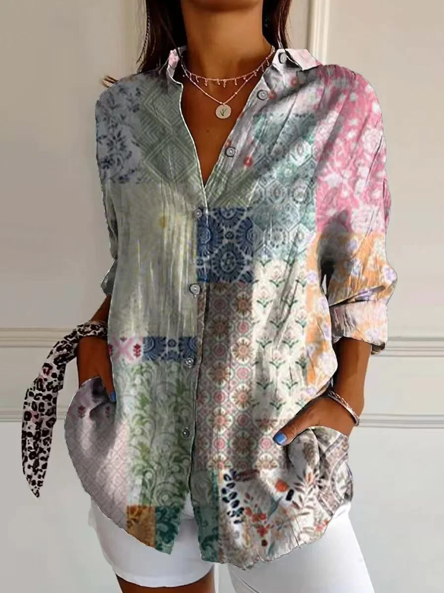 New women's shirts Summer temperament women's loose long-sleeved shirts women's casual printed women's tops