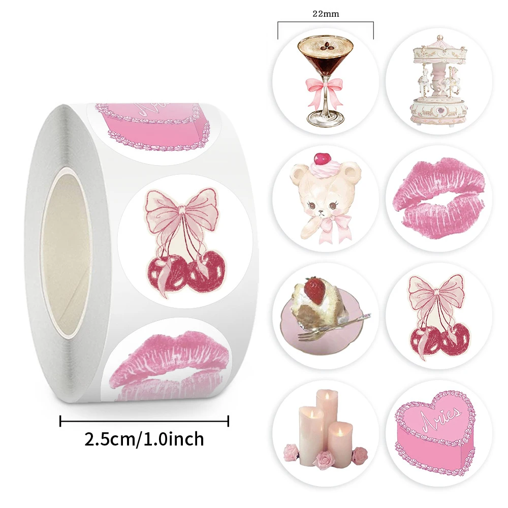 500pcs/Roll Pink Bear Dessert Cartoon Stickers Cute Aesthetics Graffiti Sticker Luggage Laptop Journal Kawaii Seal Label Sticker