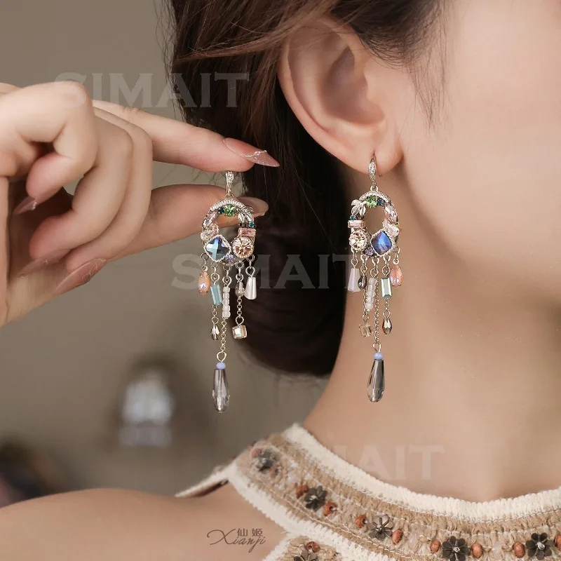 Color tassel long ear hook earrings sterling silver high-end light luxury ethnic style exotic style exaggerated retro earrings