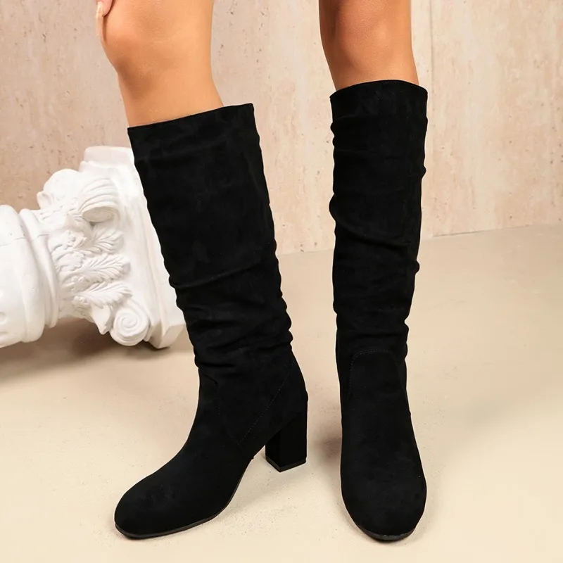 Office Lady Suede Knee High Boots Women Chunky Block Heel Gathered Shaft Fall Winter Daily Essential Pair