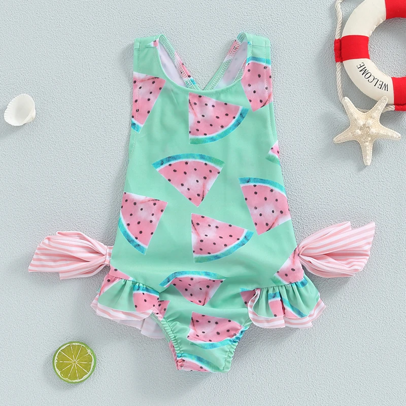 1-6T Toddler Girl Summer Camisole Swimsuit Cute Sleeveless Watermelon/Printed Swimsuit Baby Bow Decoration Swimsuit