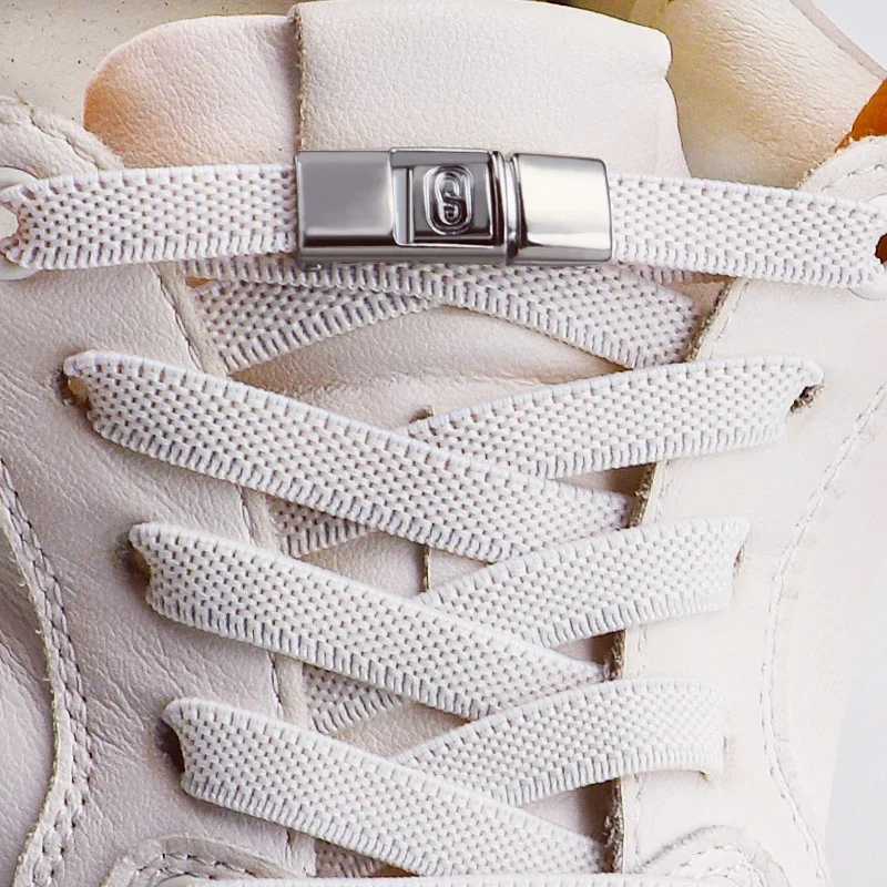 Elastic Lazy No Tie Shoelace Flat Beige Woven Stretch Laces with Metal Buckle Easy Install Anti Drop Replacement Shoe Laces