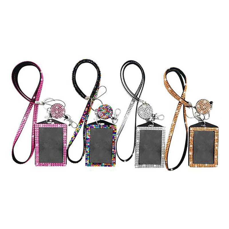 Glitter Rhinestone Lanyard Work Id Name Card Holder Crystal Telescopic Badge Scroll Handmade Diamond Lanyard Hanging Rope Clip