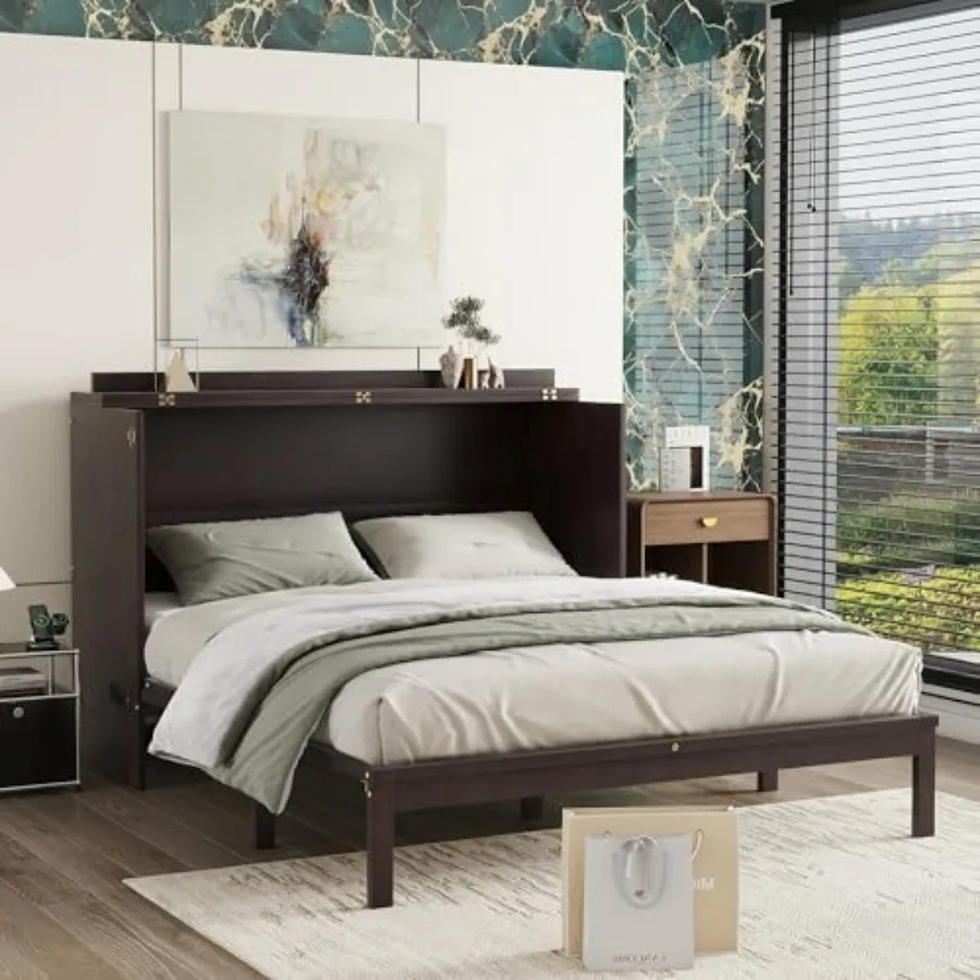 

Murphy Bed Queen Size, Wood Rattan Decoration Hideaway Cabinet Bedframe with Power Station, Wall Platform can be Folded up, Fol