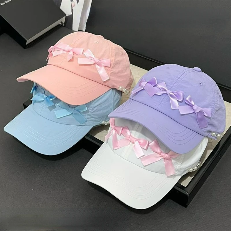 

South Korean star with the duck cap summer breathable thin quick dry cap girl sweet multicolour bow pearl cute baseball cap