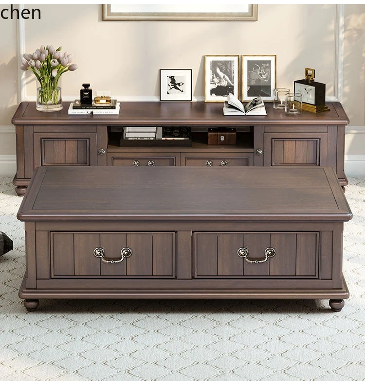 

HYS Room Home Use Pure Solid Wood Small Apartment Walnut Color Tea Table and TV Cabinet Set