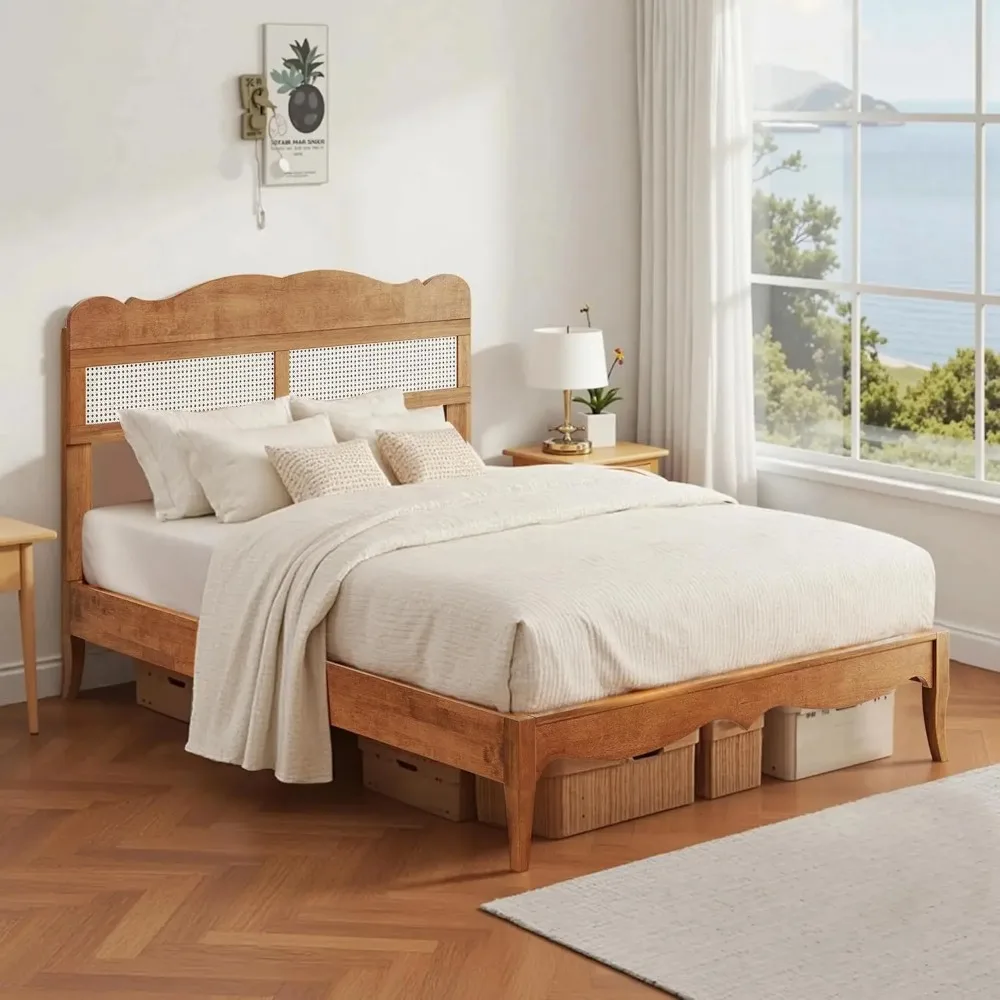 

Кровать из ротанга с изголовьем, в стиле Mid-Century Modern, деревянная, не требует пружинного блока, коричневая, на заказ