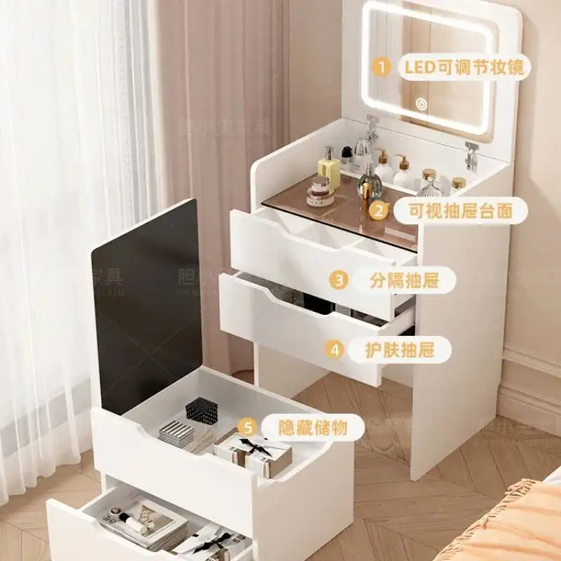 

Desk LED Dresser with Vanity Lighted Mirror Modern Corner Makeup Table Drawers Open Shelves Dressing for Bedroom Home Furniture