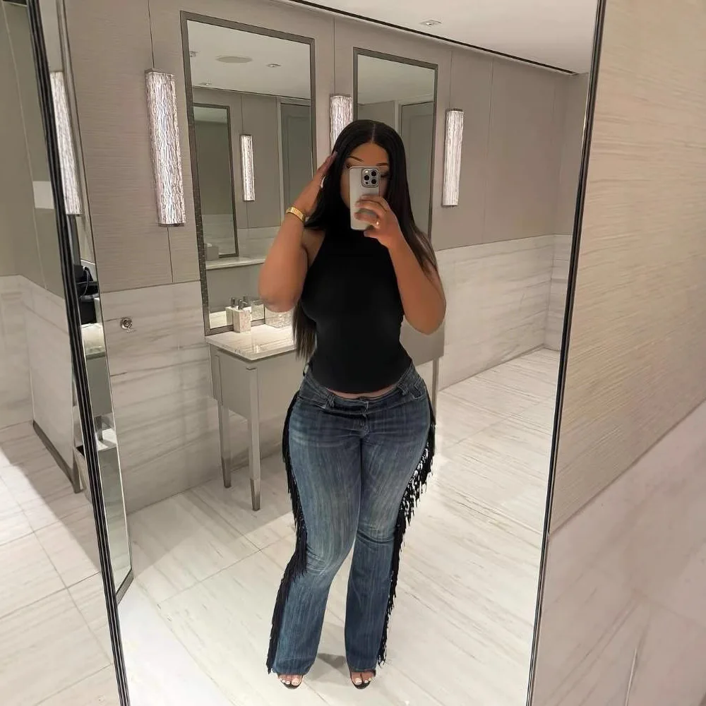 Jean droit en Denim pour femmes, fermeture éclair, taille haute, pantalon délavé, pompon épissé, ample, décontracté, longueur cheville