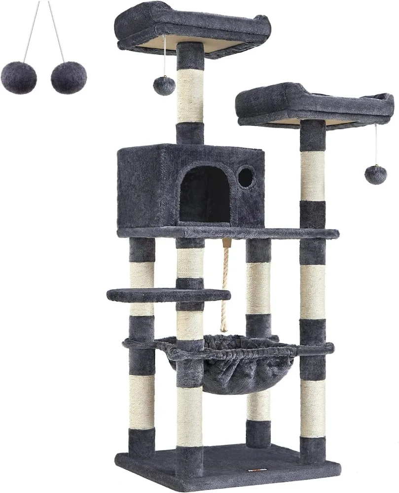 

FEANDREA Cat Tree, Cat Tower for Indoor Cats, 56.3-Inch Cat Condo with Scratching Posts, Hammock, Plush Perch