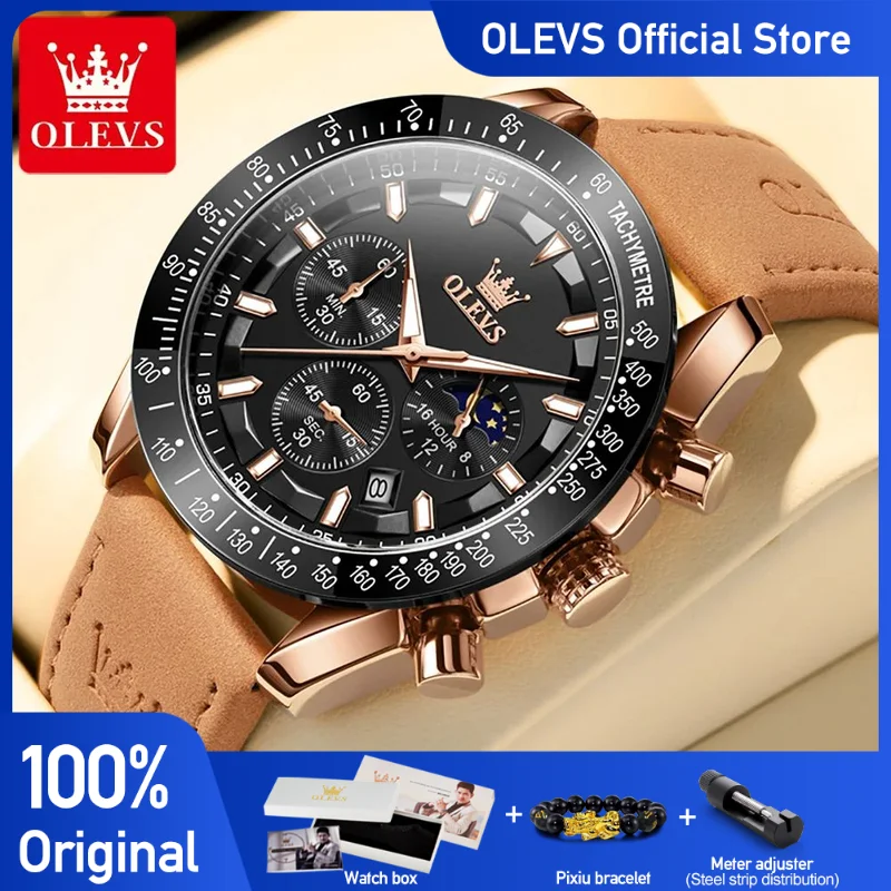 OLEVS Men\'s Watches Popular Fashion Original Quartz Watch for Man Chronograph Waterproof Leather Wristwatch Luminous Moon Phase