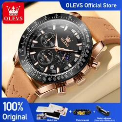 OLEVS Men's Watches Popular Fashion Original Quartz Watch for Man Chronograph Waterproof Leather Wristwatch Luminous Moon Phase