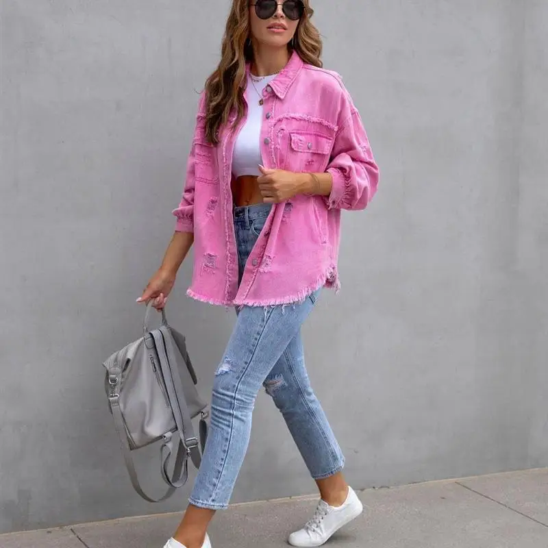 女性のフリンジ付きカラーシングルブレストウォッシュデニムシャツ長袖ピュアカラーショートアウターウェア秋2023ファッション