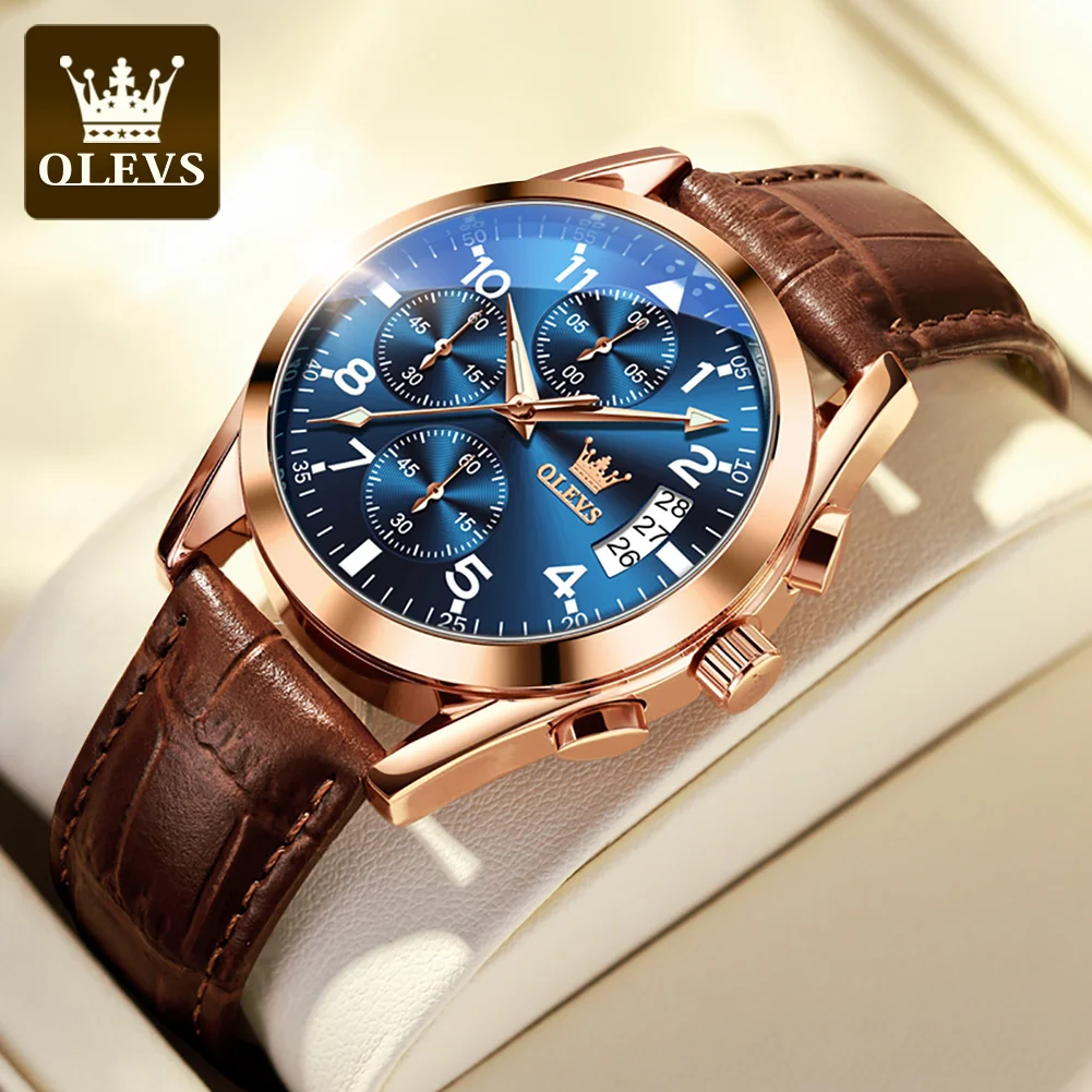 OLEVS Top Luxury Brands Men's Watches Multifunctional Luminous Waterproof Leather Strap Quartz Watch Fashion Business Original