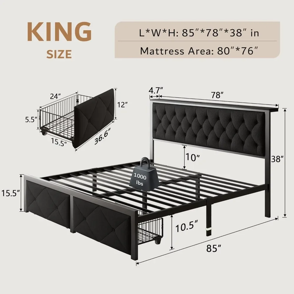 

iPormis King Bed Frame with 2 Storage Drawers, Linen Upholstered Headboard Platform Bed with Charging Station, No Box Spring Nee