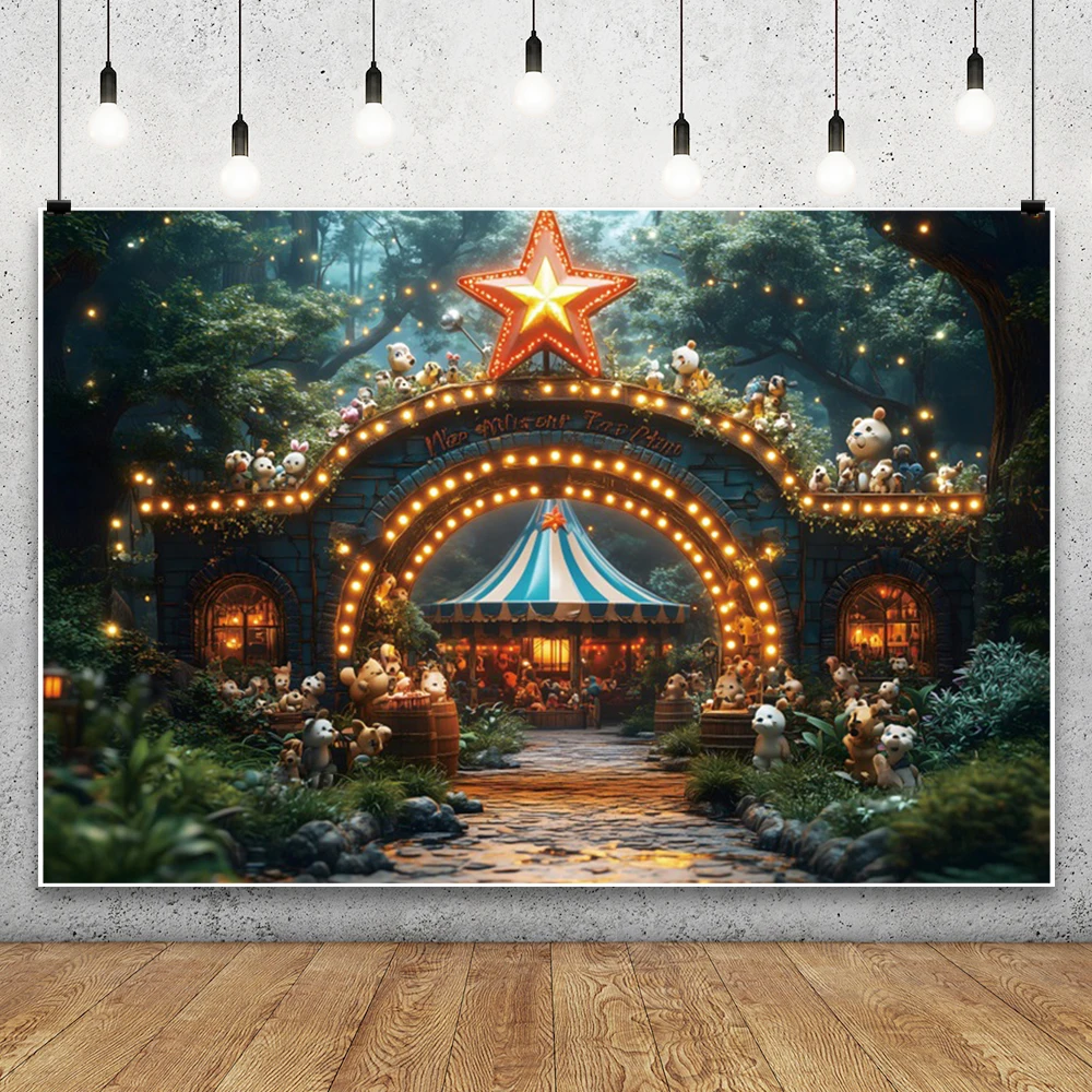 Telón de fondo de fotografía con tema de circo para niño y niña, globo de fiesta de cumpleaños, carpa de bosque de animales, Fondo de pastel para niño, utilería de estudio fotográfico