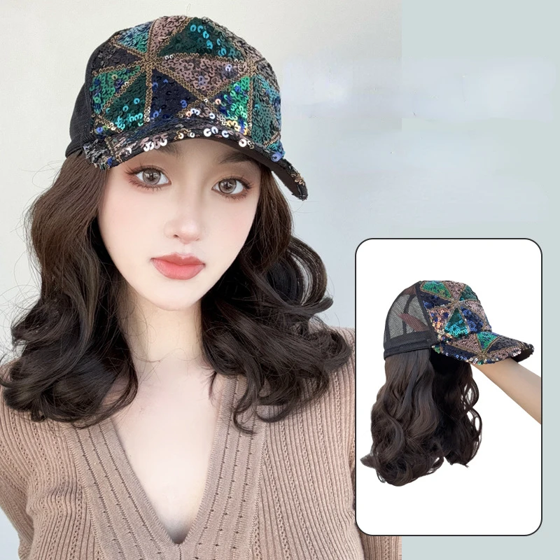 

Wig women's short curly hair hat spring summer shade sequin baseball cap in one micro-curly wig cap