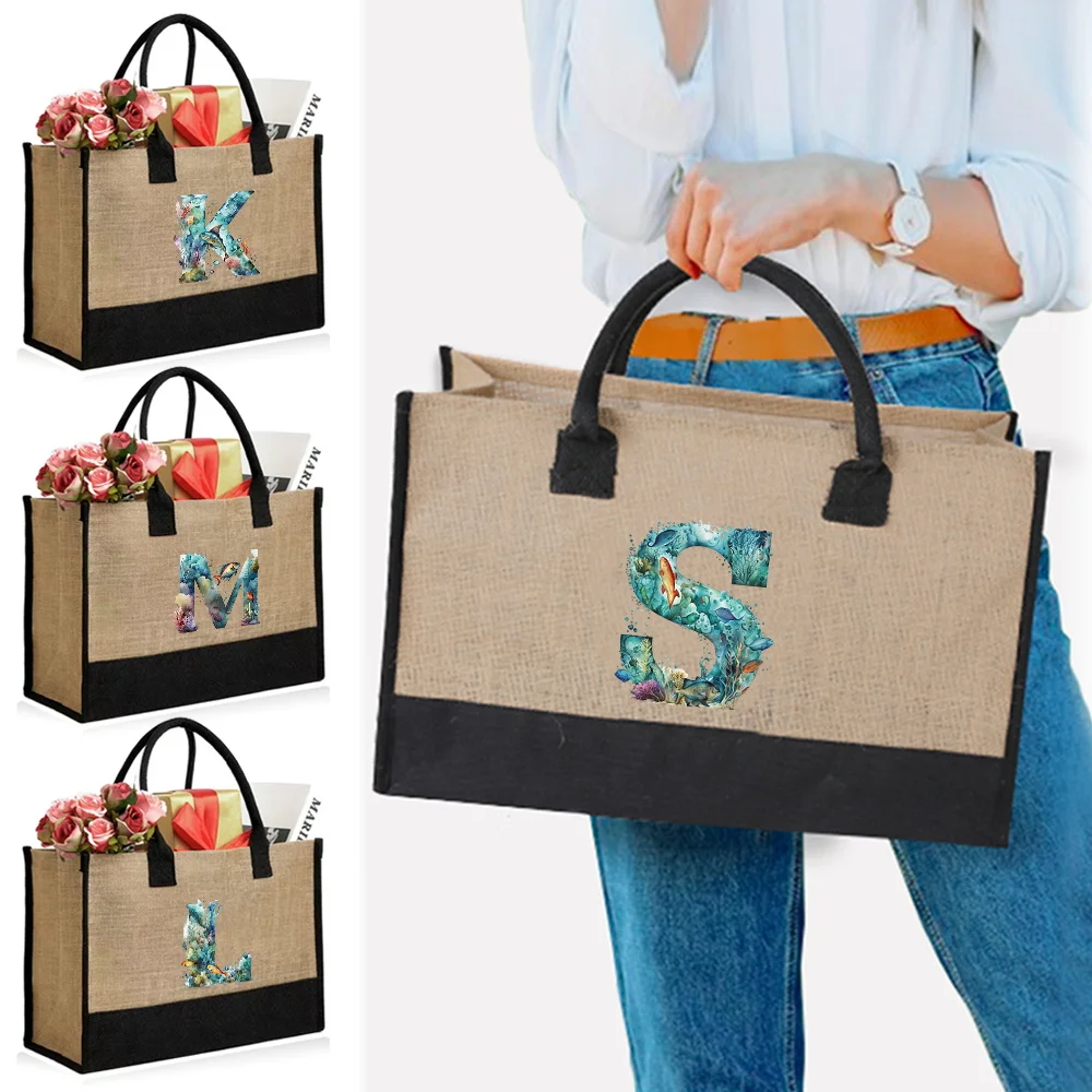 

Women Shopping Bags Linen Shopper Tote Large Summer Beach Handbags Portable Eco Organizer Pouch Fish Letter Series