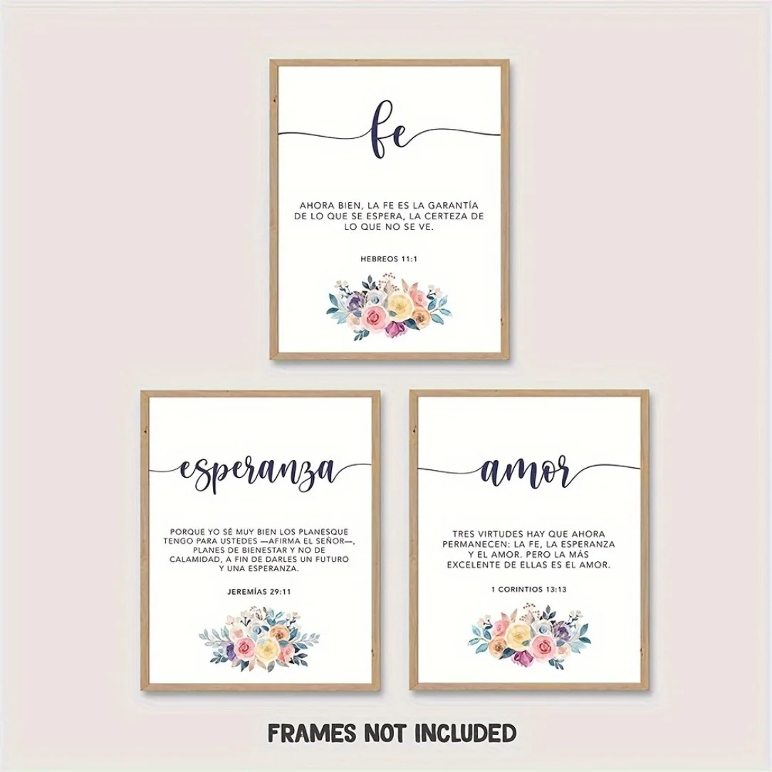 （NoFrame 3pcs）-2D Flat, 2D Flat, 3pcs Amor Wall Decor - Faith Hope Love - Christian in Spanish - Christian Wall Decor in Span