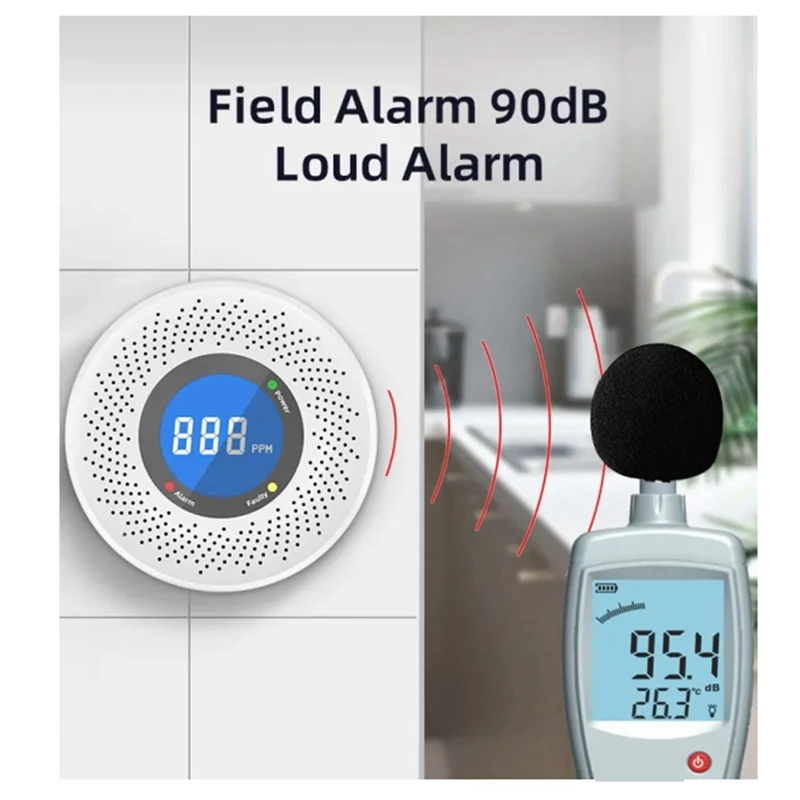 White Carbon Monoxide Standalone Detector CO Alarm With Screen Display Battery Powered For Home Kitchen Office