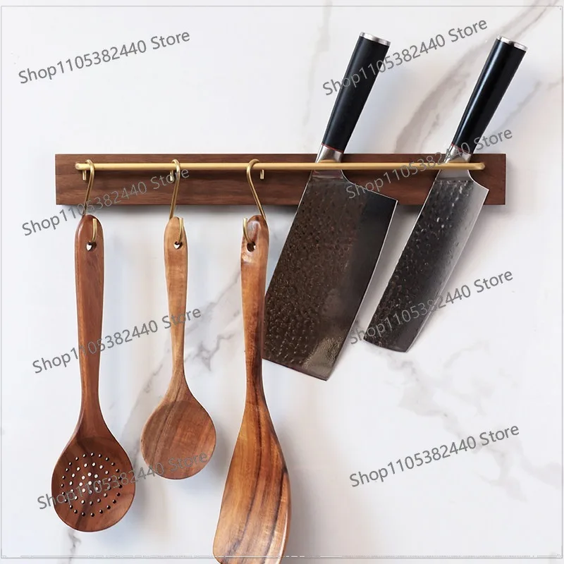 black walnut solid wood wall hanging, no punching wall , kitchen storage brass knife holder, solid wood rod holder