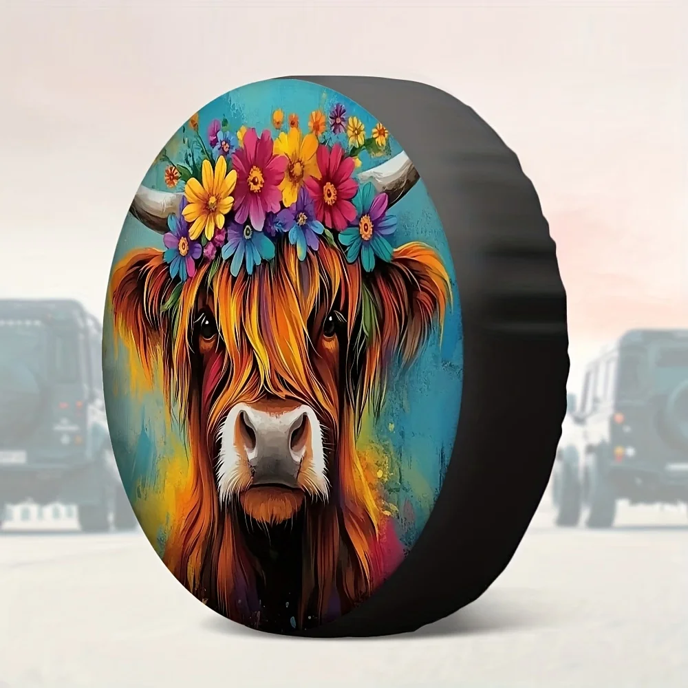 

Чехол для шин в виде коровы — 1 шт., прочный полиэстер, красочный цветочный дизайн с игривой головой быка, идеально подходит для парковки в снежную погоду