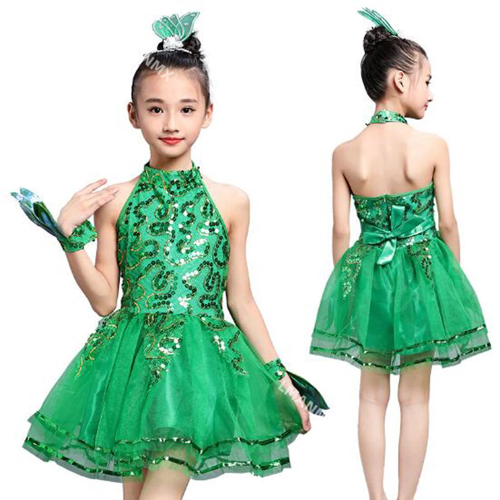 Bling Girl Latin Dancewear Kids Veil Dresses Students Green Tutus Sequined Stage Perform Costumes with Gift Flowers