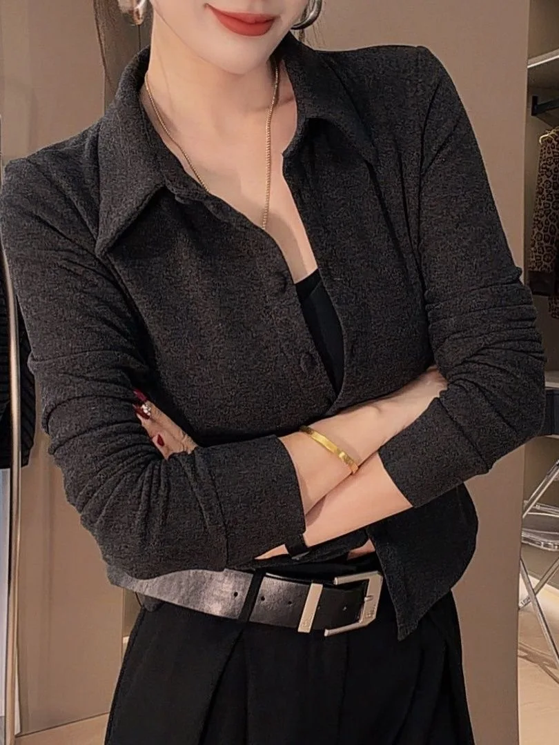 

Двусторонняя утепленная теплая базовая рубашка с длинным рукавом и воротником для женщин, модный осенне-зимний облегающий топ из полиэстера