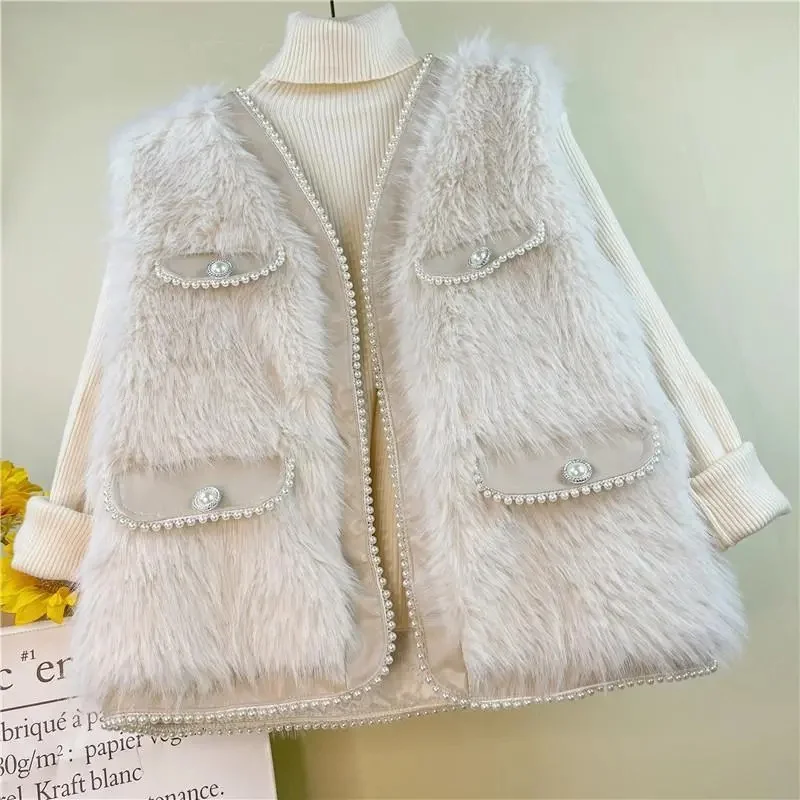 Vest Women 203 Autumn/Winter New Fox Hair Nail Beads Loose Fur Jacket Quilted Fragrant Plush Vest Coat Female Fur Coat Beading