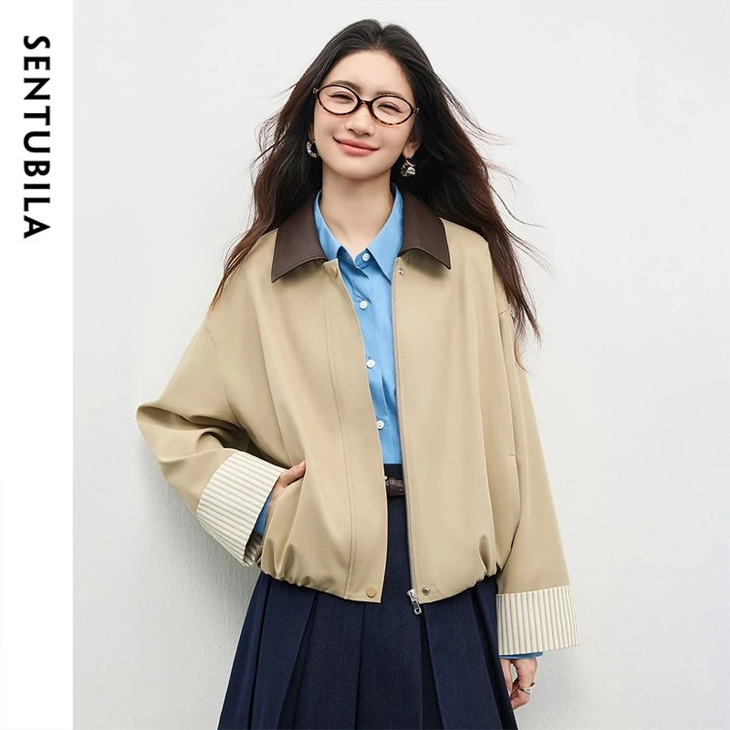 SENTUBILA Women's Cropped Barn Jacket Color Block PU Collar and Striped Cuffs Lightweight Windbreaker for Spring Fall 161WB5721