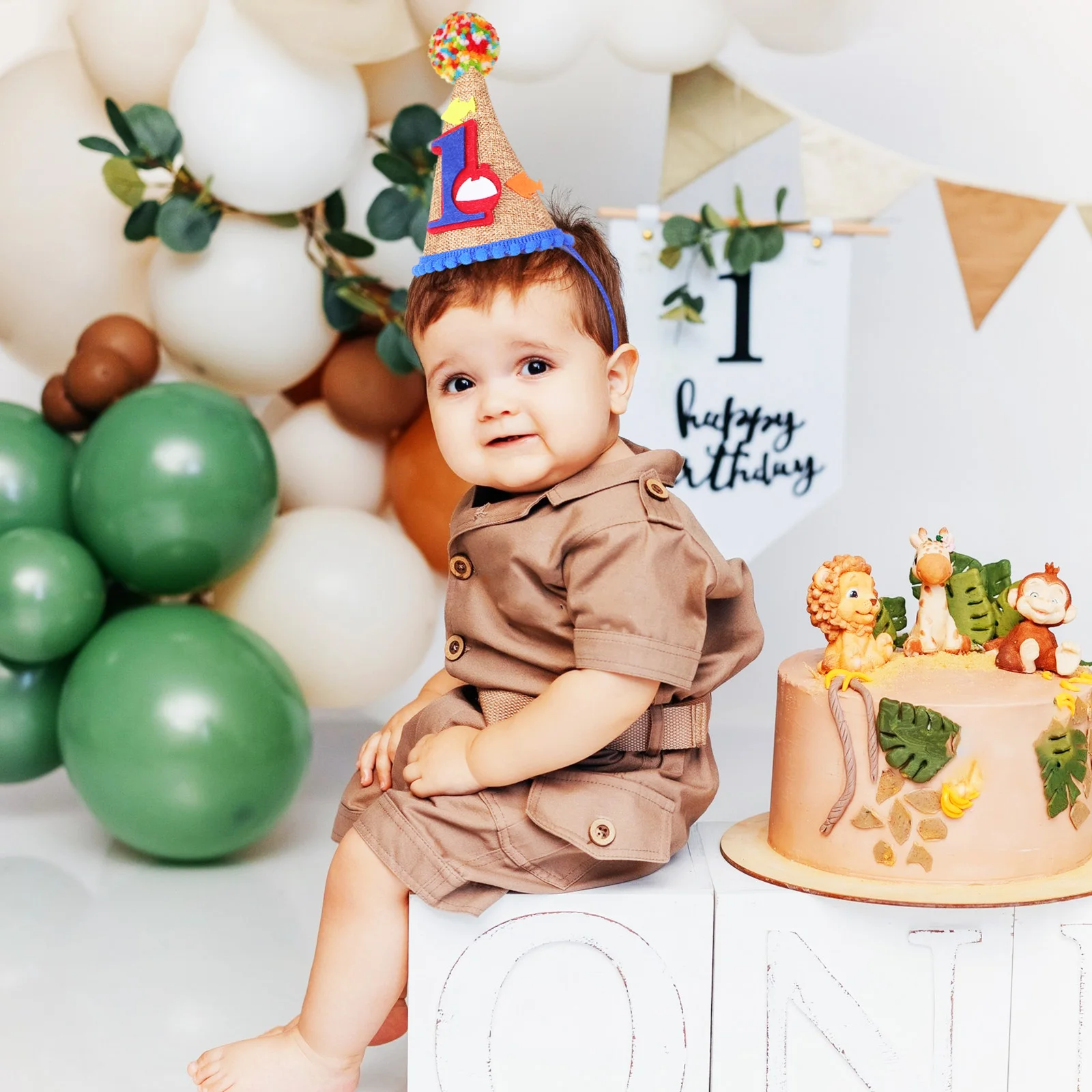 

Birthday Party Hat 1 Year Old Cone Hat Elastic Strap Cute Pattern for First Birthday Photoshoot