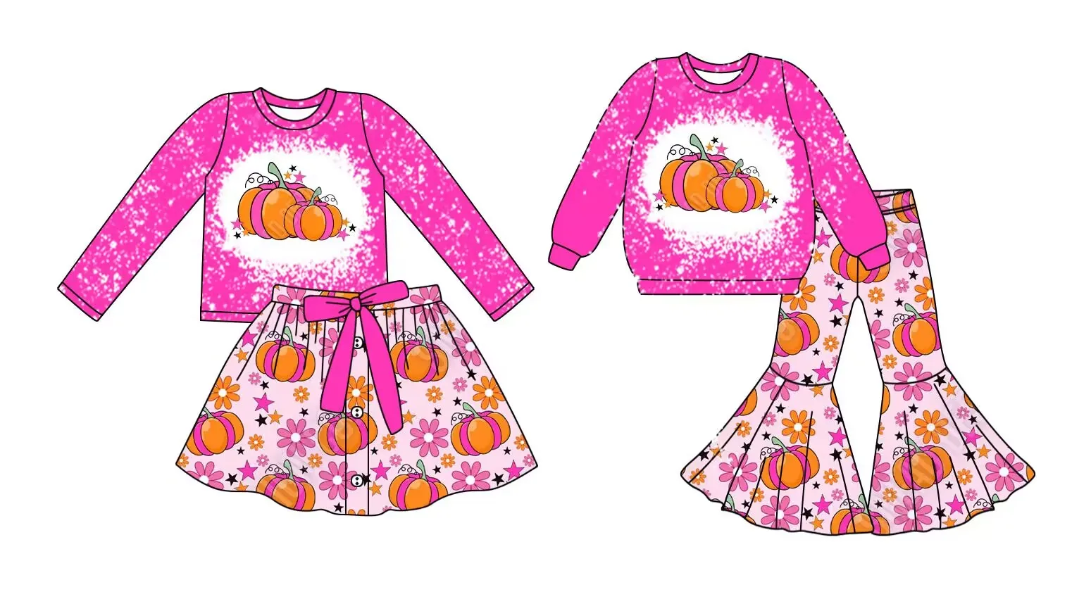 

New children's Thanksgiving clothing pink long-sleeved bell pants suit pumpkin print autumn new children's clothing wholesaleb