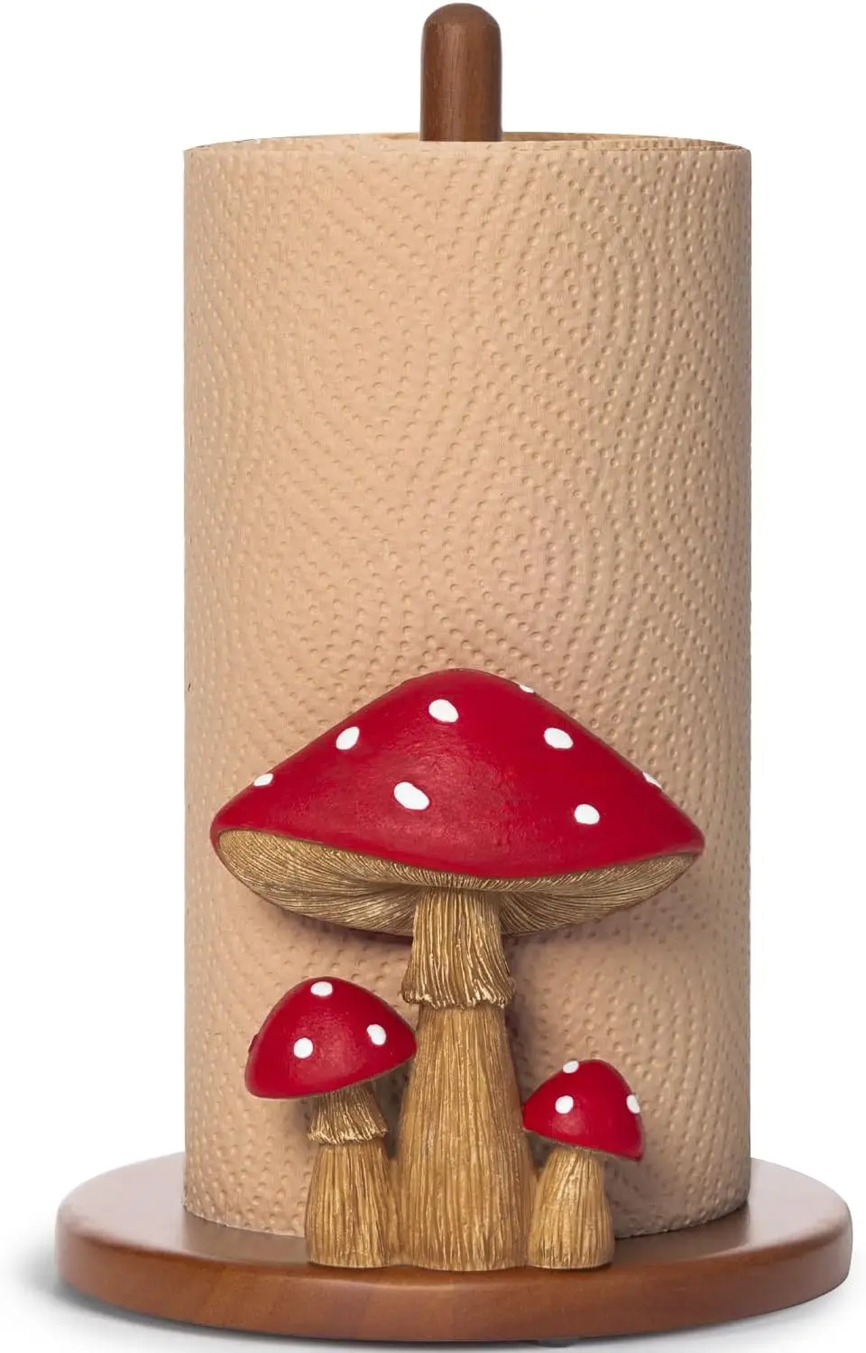 

Cute Mushroom Paper Towel Holder - Cottagecore Kitchen Decor, Wood Stand for Standard and Jumbo Rolls, 12.5x7 in