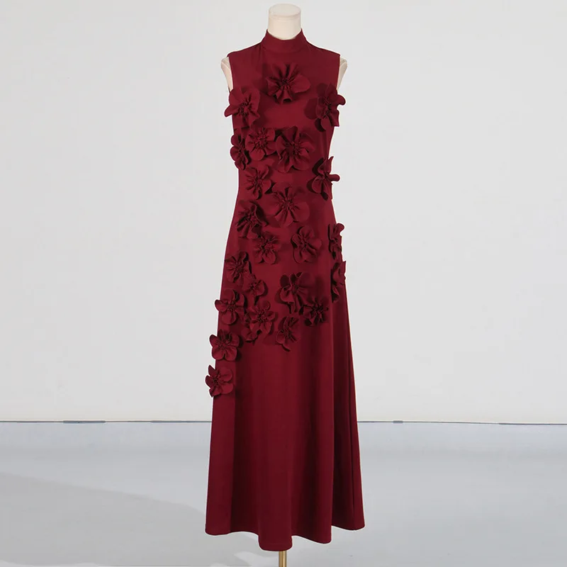 Verão temperamento elegante gola alta sem mangas cor sólida vestido longo 2025 nova flor colagem design vestidos longos senhoras