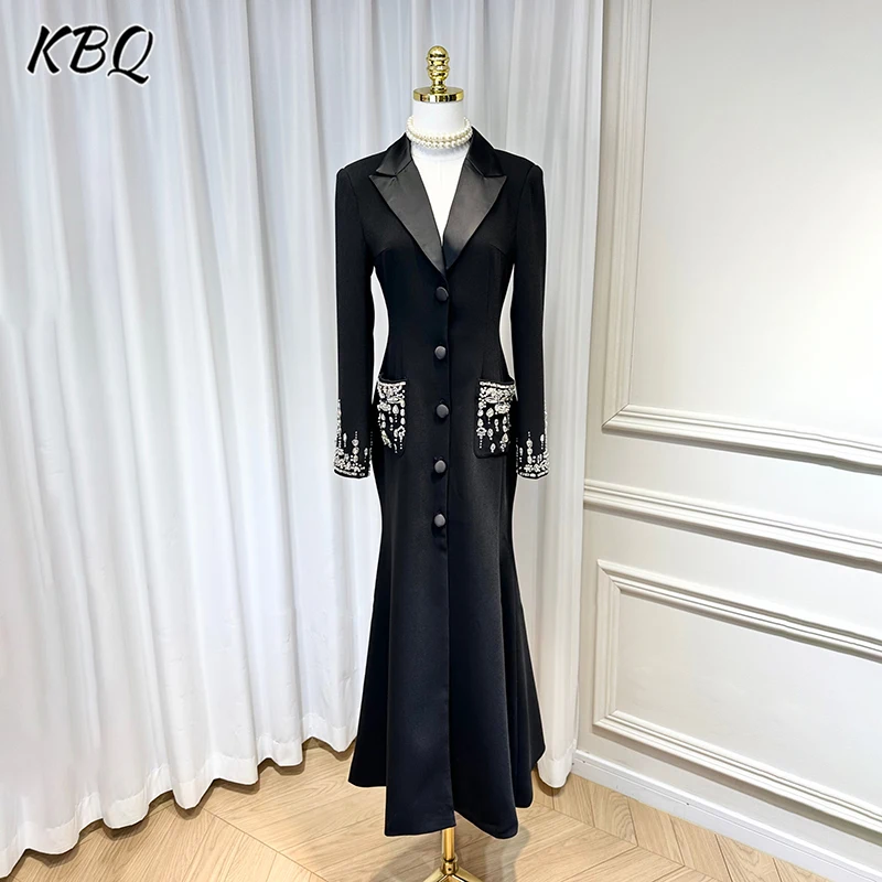 KBQ Patchwork Diamond Dress For Women Lapel Long Sleeve High Waist Spliced Button Temperament Slimming Dress Female Fashion New