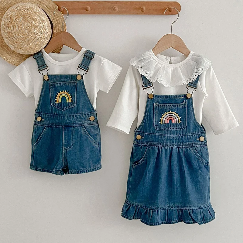 Family Clothing Summer Denim Set Boys Embroidered Rainbow Baby Romper Girls Dresses Sibling Outfits Casual Dresses Girls Romper