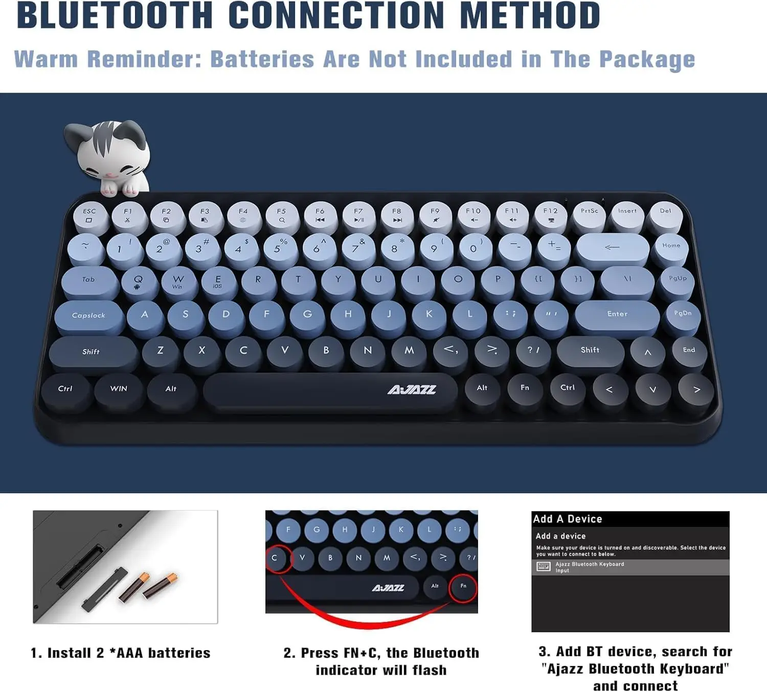 

AJAZZ 308i Wireless Bluetooth keyboard,Cute Mini 84-key Compact Layout with Magnetic cat doll,Typewriter ABS Retro Round Key Cap
