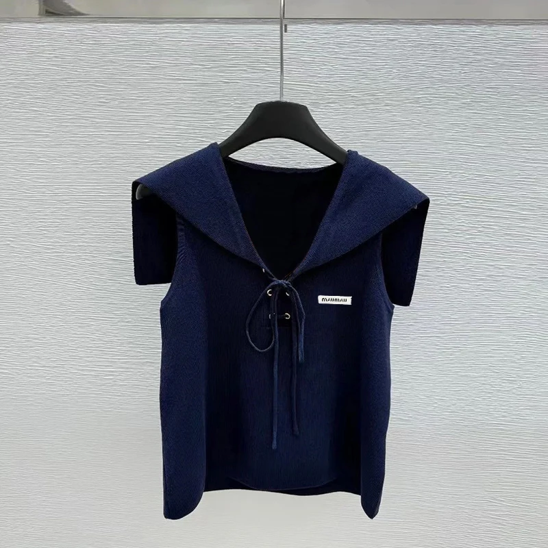 

Высококачественный вязаный жилет для женщин с вышивкой букв, темно-синий воротник, галстук-бабочка, корейский свободный крой, ort Sve, обычная длина