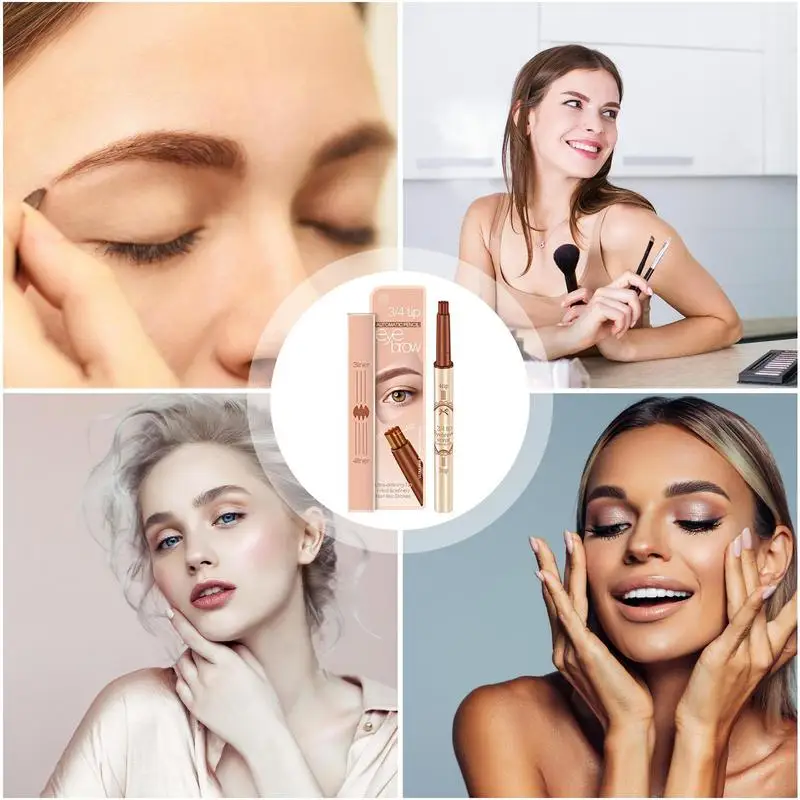 Caneta de sobrancelha 2 em 1, lápis de sobrancelha à prova d'água, maquiagem de sobrancelha com microblading de aparência natural, lápis de sobrancelha com ponta micro-4 para