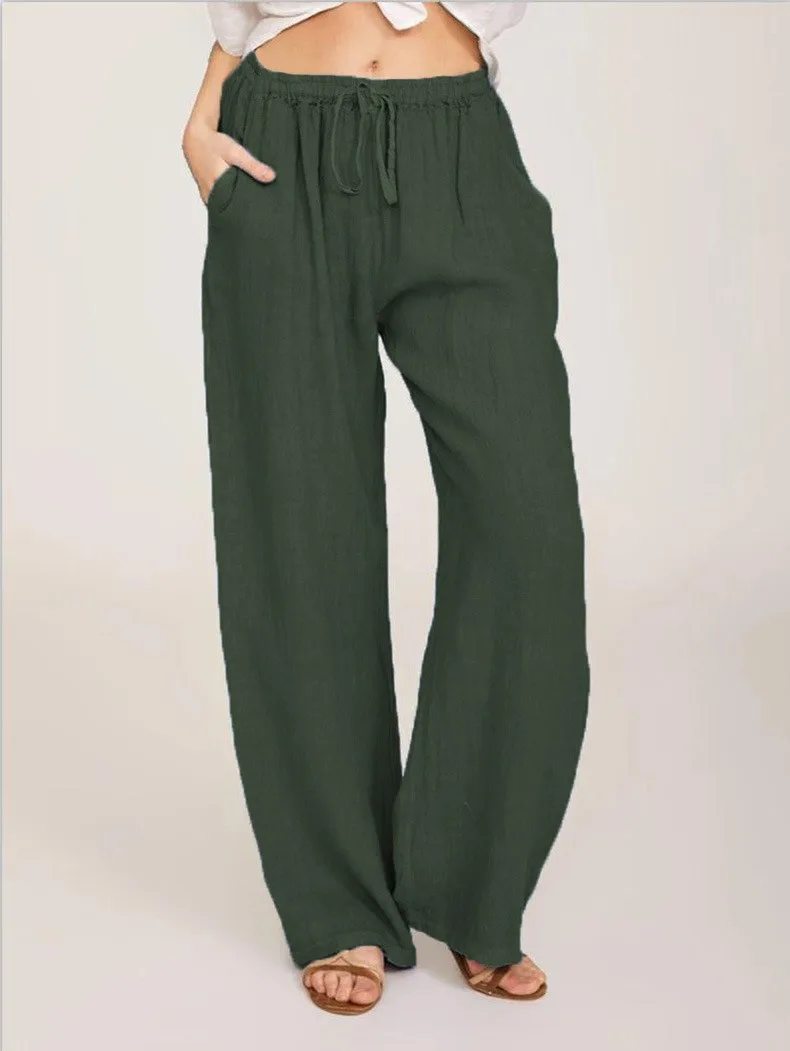 Pantaloni in lino di cotone da donna pantaloni dritti elastici a vita alta in tinta unita larghi Vintage pantaloni a gamba larga Casual di base estivi femminili