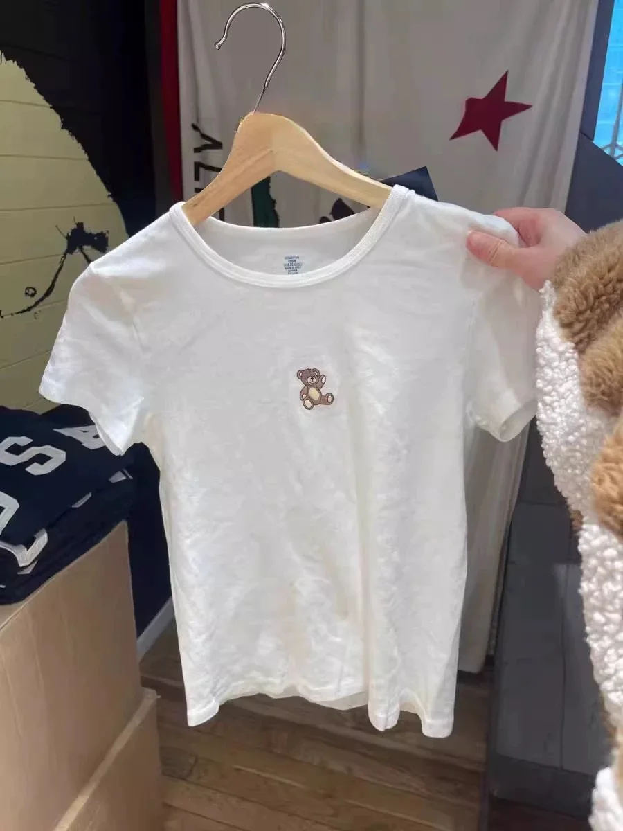 

Sweet Women Cotton short-sleeved T-shirt 2024 New Summer Bear Embroidery Round Neck Sweet Crop Top Tees