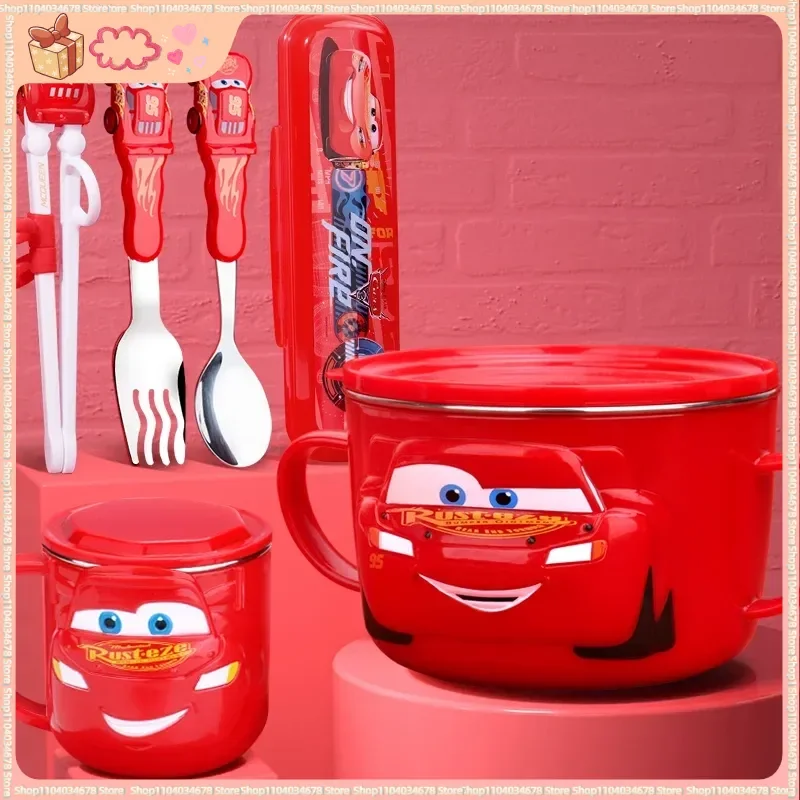 

Cute Cartoon Pixar Lightning Mcqueen Children Tableware Set Toddler Practice Chopsticks Cup Bowl Set It'S Gift For Kids Hot Sell