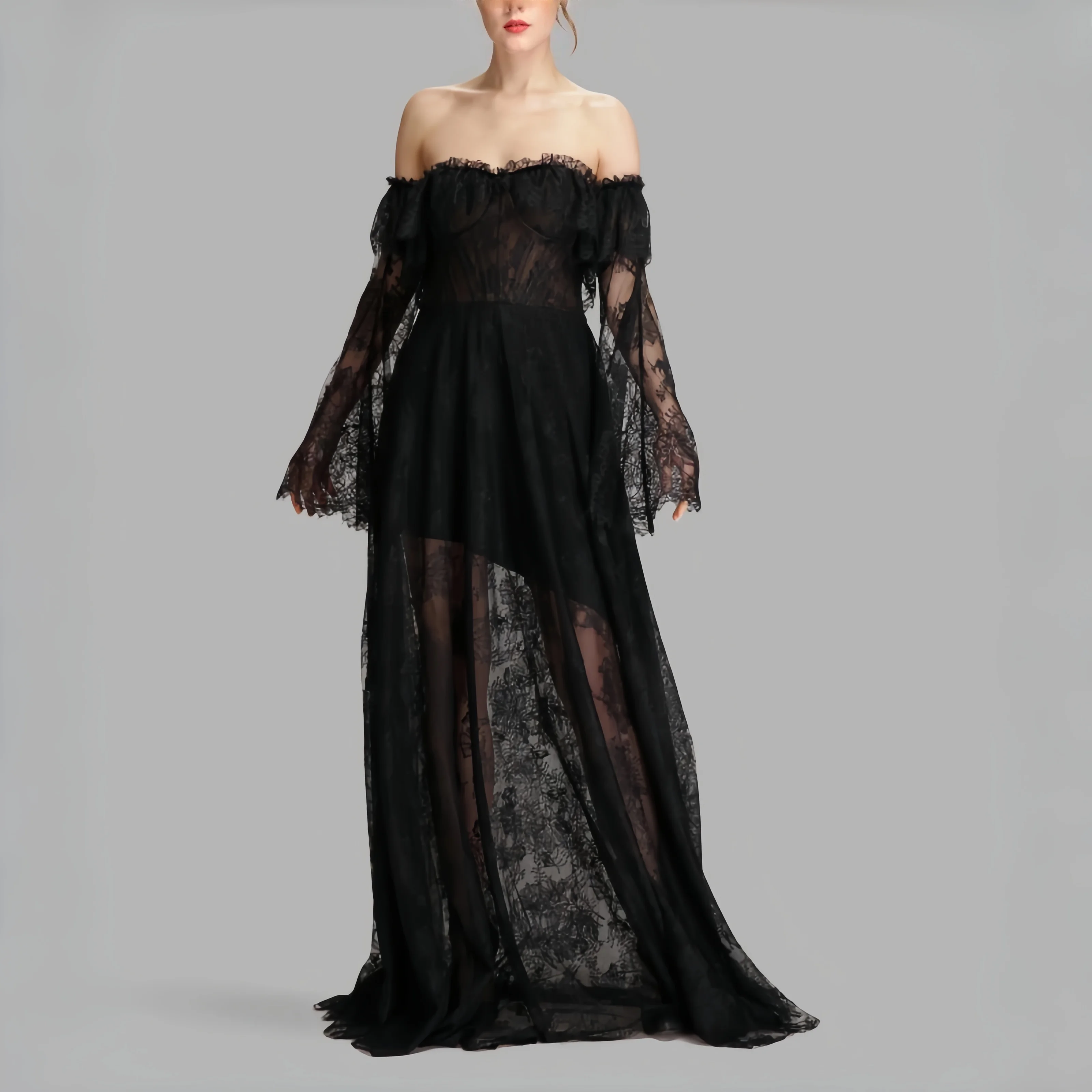 

Vintage Black Lace Off Shoulder Maxi Dress Mesh Bell Sleeve Floor Length Dress Women Elegant Evening Gown Party Wedding Guest