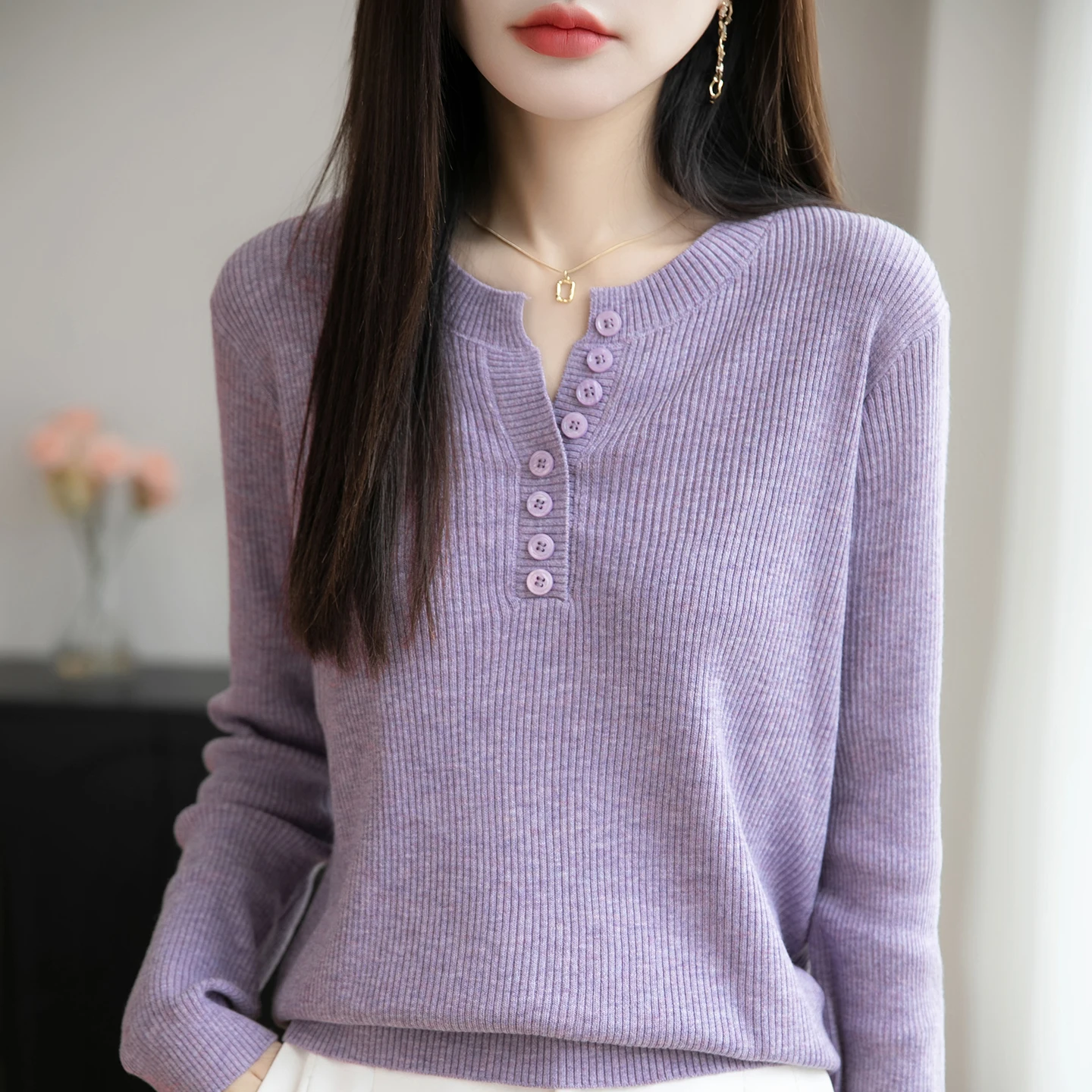 Wool Worsted O-neck Sweater Women Solid Color Button Long Sleeve Top Autumn Winter Fashion Knit Stretch Female Warm Pullover